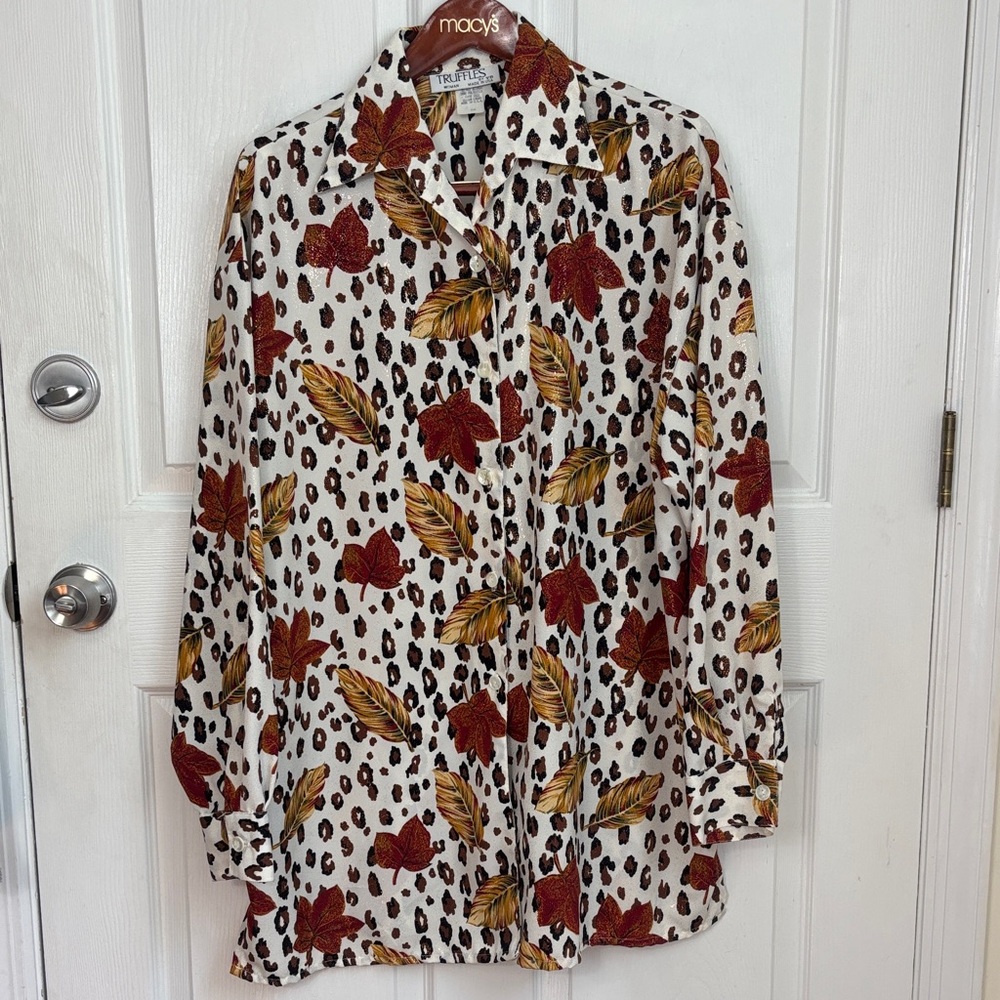 Vintage TRUFFLES by VB Leopard foliage button down blouse sz 20 gold sparkle USA